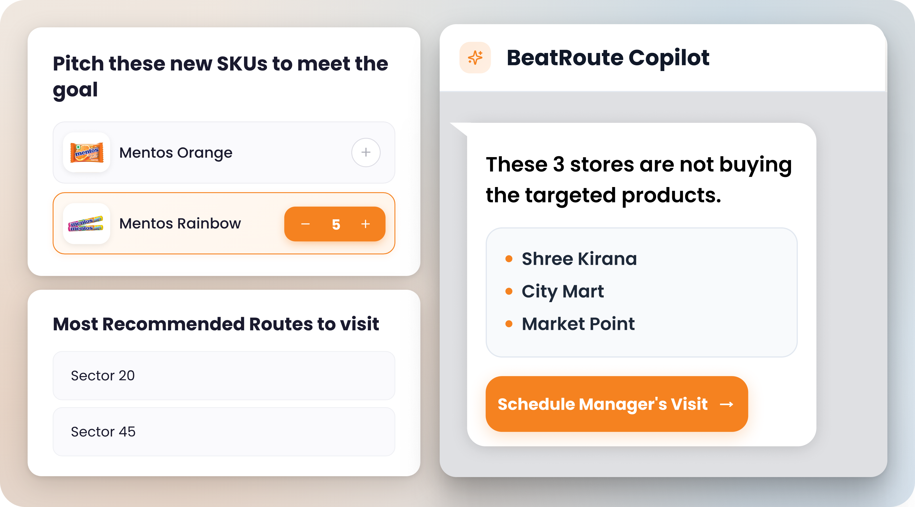 BeatRoute Copilot recommending SKUs, routes, and store visits