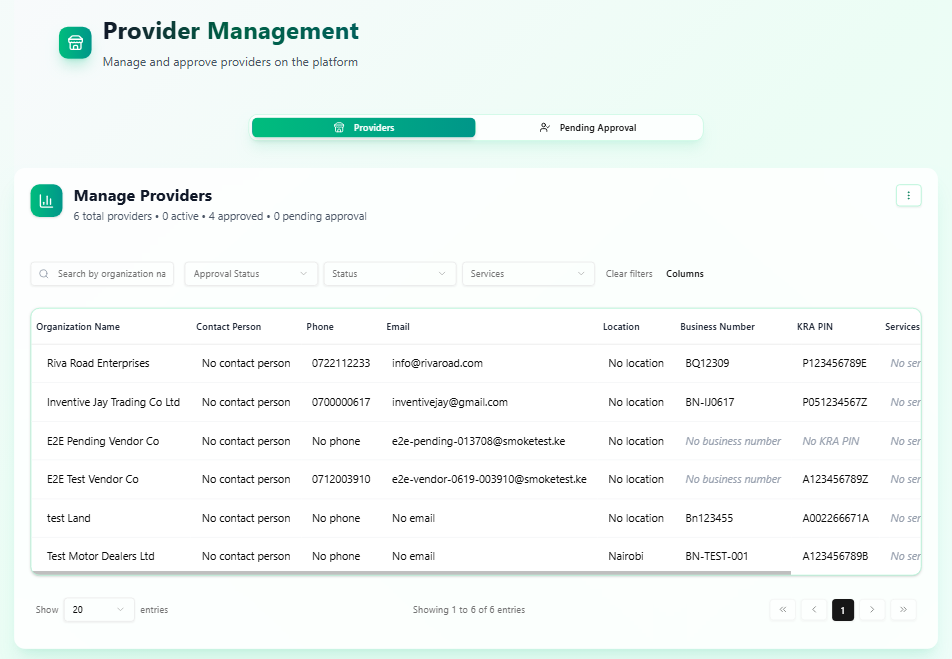 DukaMoja provider management screen