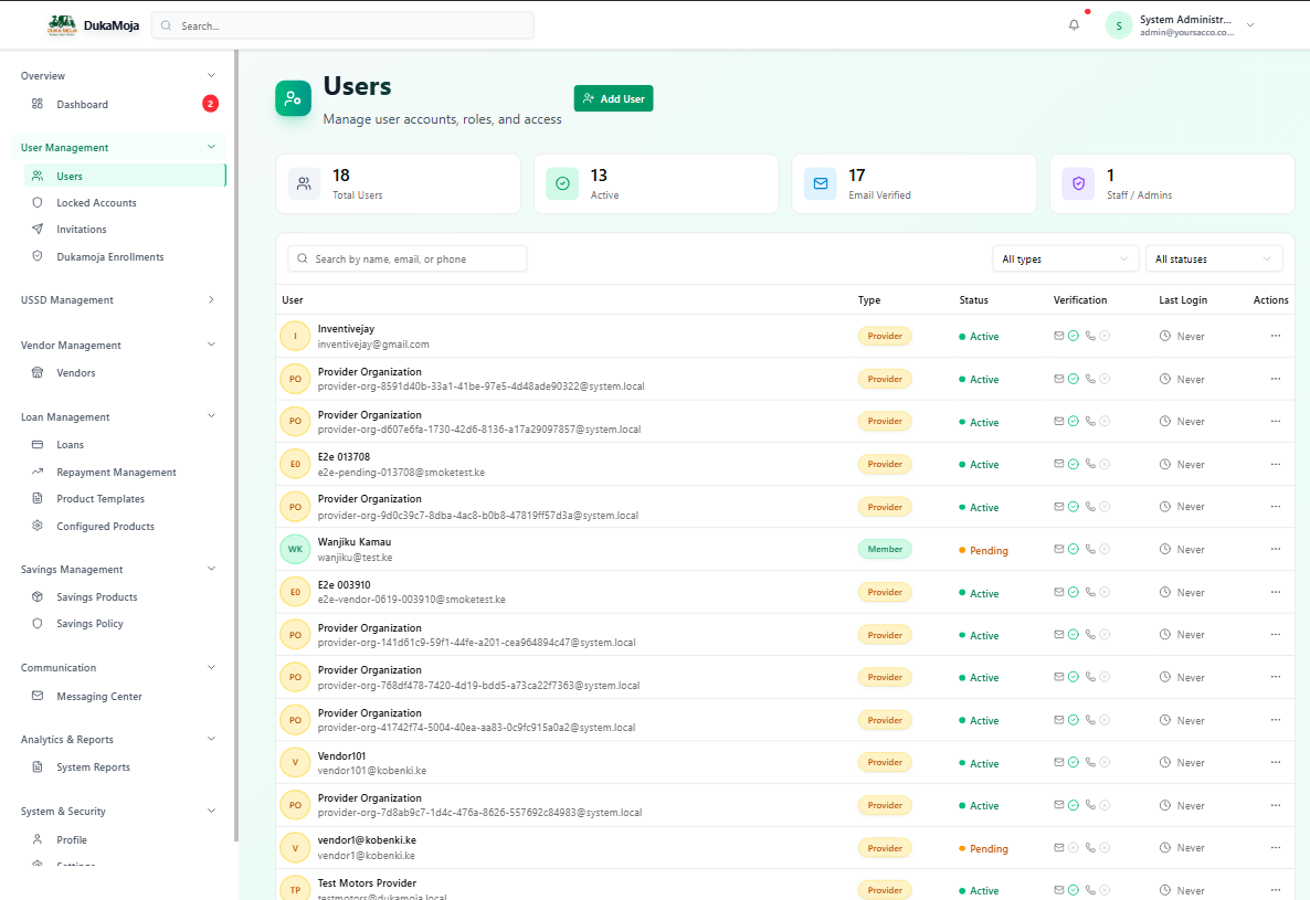 DukaMoja user management screen