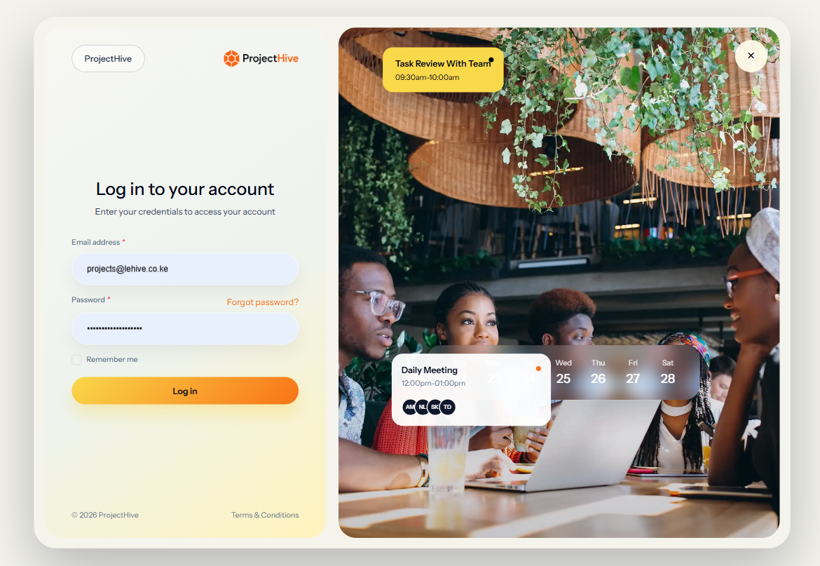 ProjectHive login and schedule view